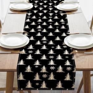 Winter Black Dining Table Runner, White Pine Tree Snowflake Burlap Kitchen Decoration, Christmas Seasonal Indoor Outdoor Home Decor Party Supply 13 x 72 Inches