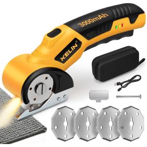 2026 New 3000mAh Cordless Electric Scissors, Cardboard Box Cutter with 4 Blades, Safety Lock & LED Light, Storage Box, 300RPM, 4.2V Electric Cutter for Fabric Carpet Carton Plastic Leather Cloth (Yellow-orange 1)