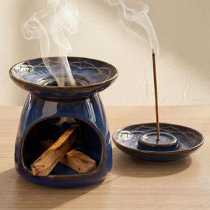 Palo Santo Holder Incense Burner for Sage, Ceramic Incense Holder for Sticks & Cones, 3-in-1 Chimney Burner with Detachable Lotus Stick Tray, Meditation Home Decor Gift