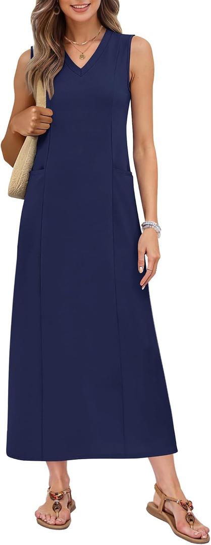 MISFAY Women's Sleeveless V Neck Maxi Dress with Pockets Vacation Outfit | Breathable Air-Layer Rayon Blend, Wrinkle Resistant, Back Slit, Loose Fit, Formal Outfits, Wedding Guest, Machine Washable (Blue, L)