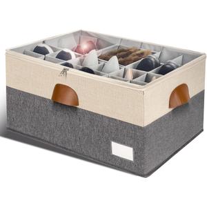Shoe Organizer for Closet, Foldable Shoe Storage Bins with Clear Cover, Space Saving Shoes Holder with 4 Handles, Large Adjustable Shoe Box Storage Containers, Fits 12-24 Pairs, 1 Pack, Beige