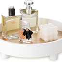 Hanobe Round Decorative Vanity Tray: White Bathroom Perfume Dresser Trays for Women Circle Pedestal Stand Wood Riser for Display Decor