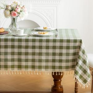 Checkered Tablecloth Rectangle Cotton Linen Gingham Table Cloth with Tassel Washable Wrinkle Free Heavy Duty Buffalo Plaid Table Cover for Dining/Party/Picnic (Green, 55" x 70" (Rectangular))