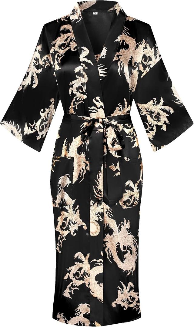 Women's Floral/Patterned Silky Kimono Robes Long Satin Bathrobes Sleepwear Loungewear, Large