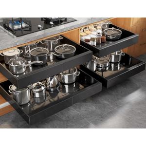 Seinloes 4 Pack Expandable (15.1"-26.3") Pull Out Cabinet Organizer 21" Deep With Raising Pad for Framed Cabinets,Upgrade 3 Slide Rails Slide Out Drawers,No Drill Roll Out Shelves Adhesive,Black
