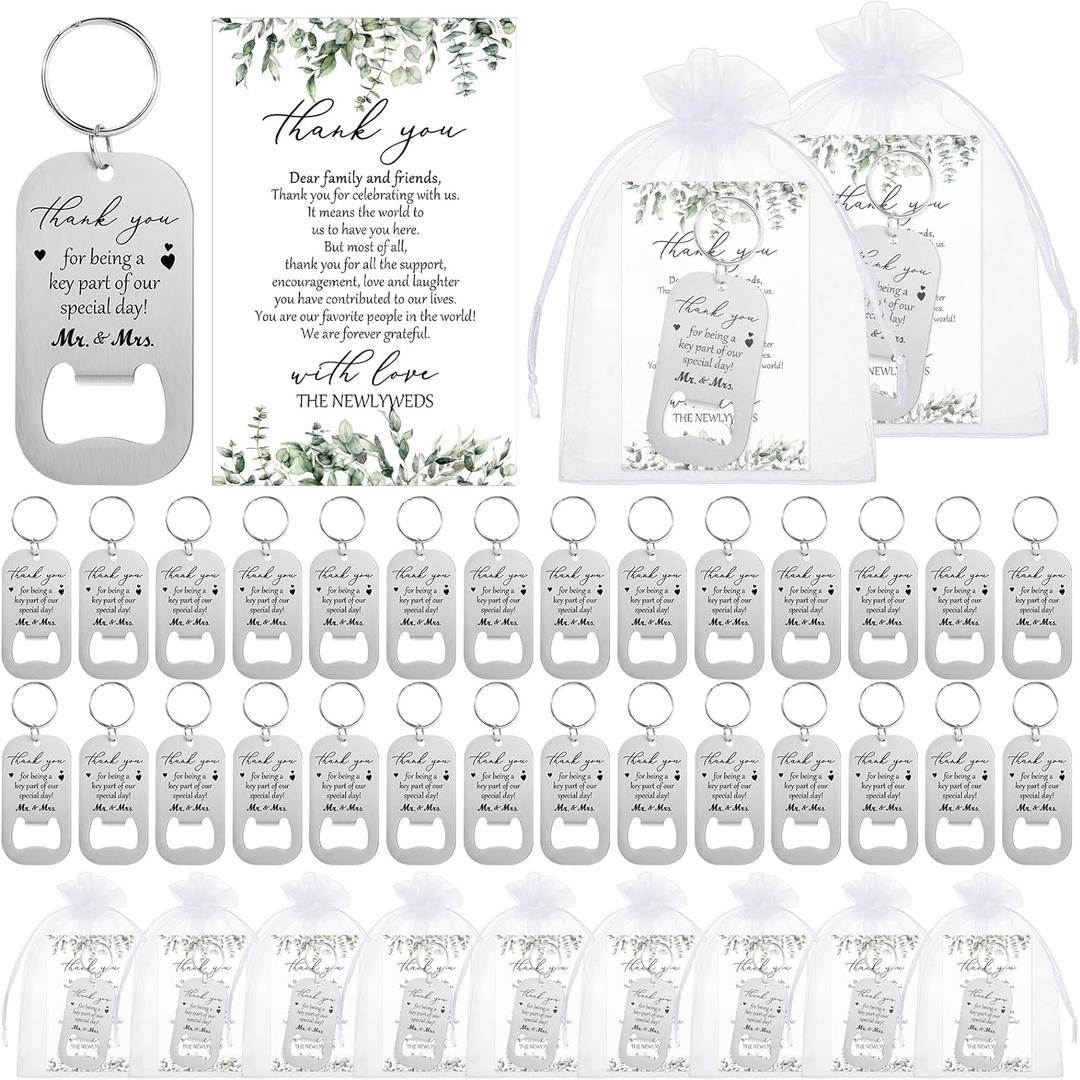 FoldTier 100sets Wedding Favors for Guests Include Key Bottle Opener Beer Bottle Opener Keychain Thank You Cards and Organza Bags Bridal Shower Wedding Party Souvenirs Gifts (Thank You)