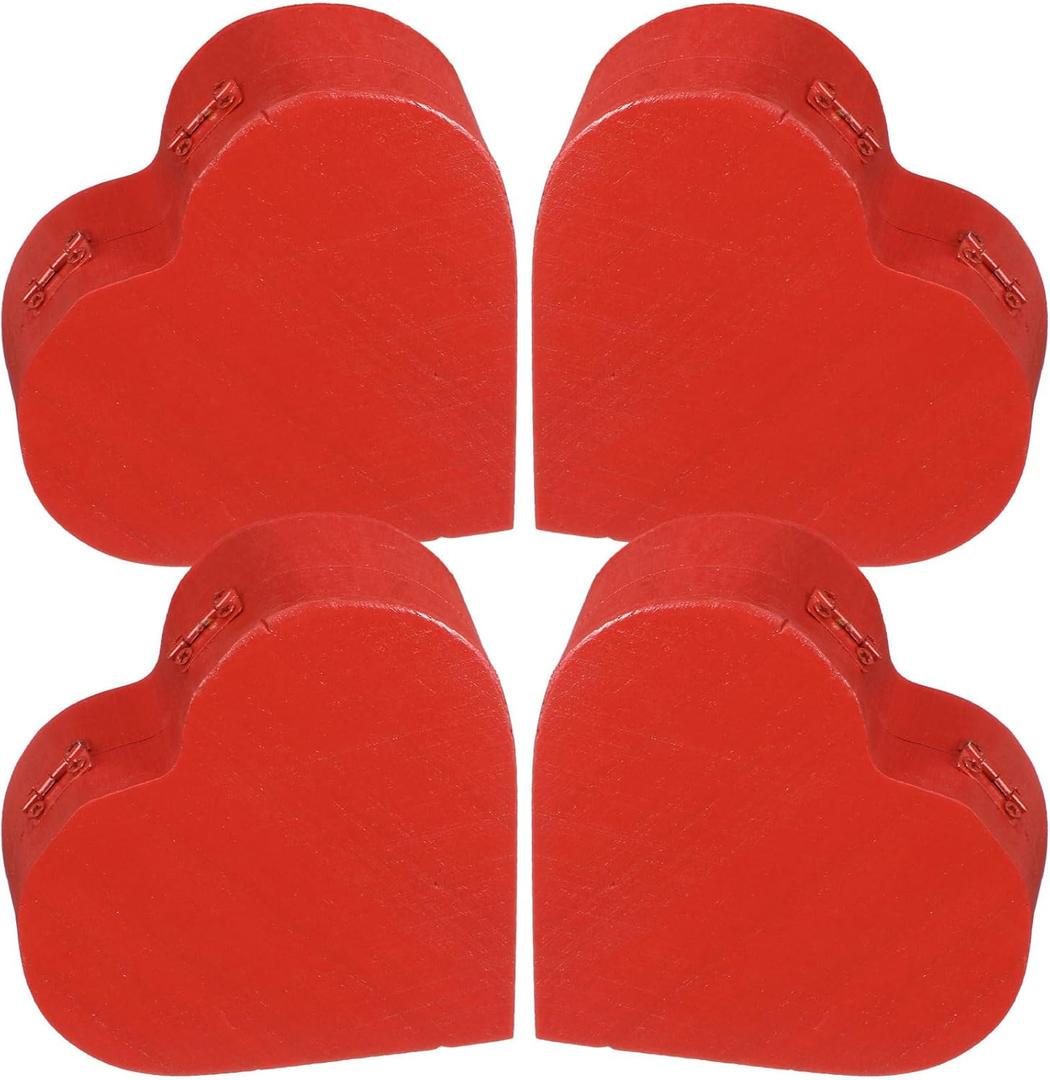Marsui 4pcs Unfinished Valentines Heart Box with Hinged Lid Red Crafts DIY Wood Treasure Chest Stash for Women Holiday Art Gifts Jewelry Home Storage Gifts (3.9 x 9.7 x 1.58 IN)