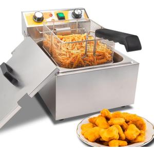 13.6QT Electric Deep Fryer with 6L(6.5QT)Frying Basket&Lid,1750W Stainless Steel Commercial Countertop Single Tank Oil Fryers with Temperature Control&Timer for Home Kitchen Restaurant