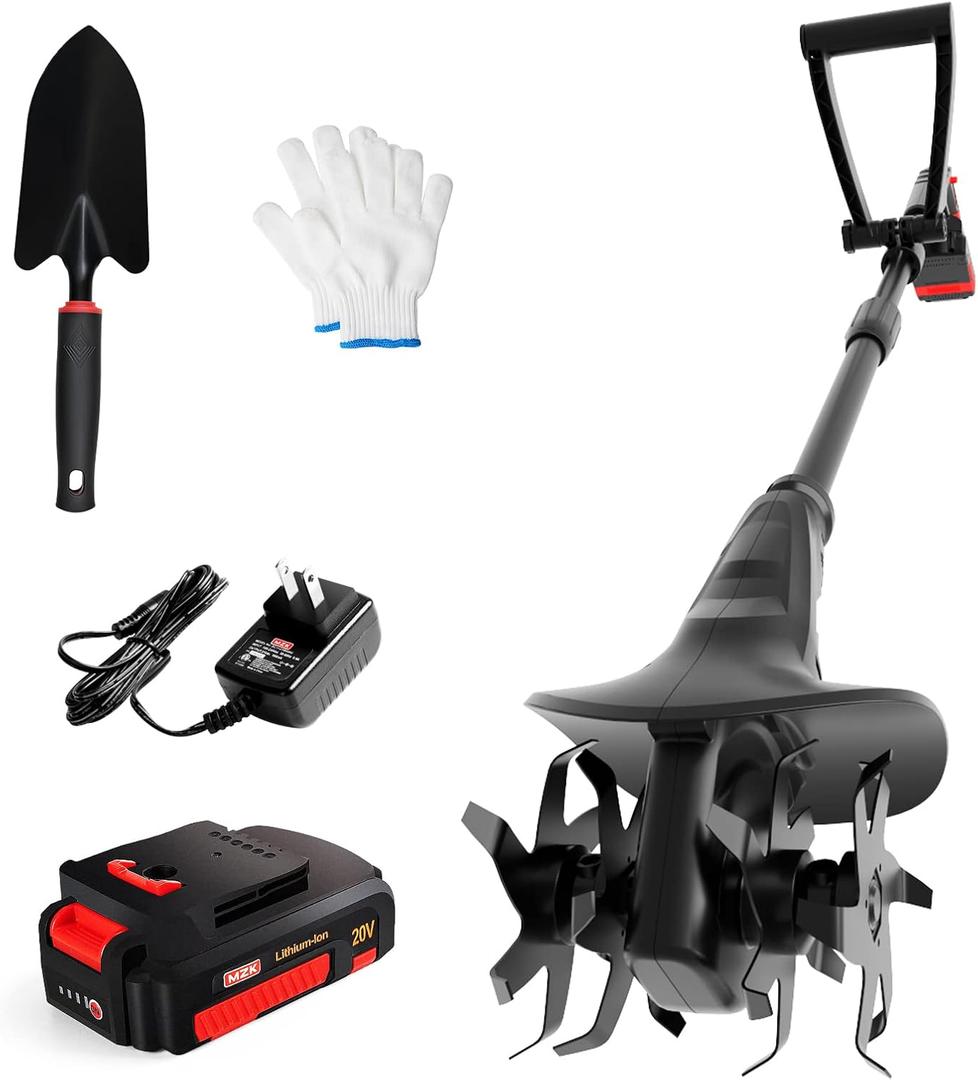 MZK 20V Cordless Tiller Cultivator with 24 Steel Tines,7.8-inch Wide Battery Powered Garden Cultivator, Mini Tiller for Gardening (2AH Battery and Charger Included) (1 Battery)