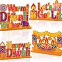 4PCS Diwali Decoration Wood Table Centerpiece for home Happy Diwali Let's Get Lit Warm Wishes Light Candle Henna Pattern Wooden Decor Happy Diwali Party Favors for Diwali Home Desktop Decorations