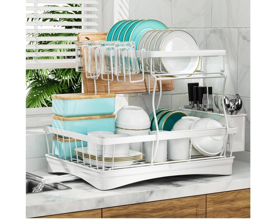 7 code Large Dish Drying Rack for Kitchen Counter, Detachable Large Capacity Dish Drainer Organizer, 2-Tier Dish Racks with Utensil Holder, White