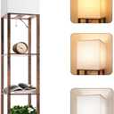Floor Lamp with Shelves, Modern Wood Standing Shelf Lamp with 3 CCT LED Bulb and White Shade for Living Room Bedroom and Office Deco-Brown
