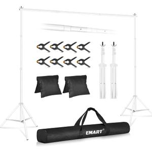 EMART Backdrop Stand 10x8.5ft(WxH) Photo Studio Adjustable Background Stand Support kit with 2 Crossbars, 8 Clamps, 2 Sandbags and Carry Bag for Parties, Events Decoration, Wedding, Photography -White