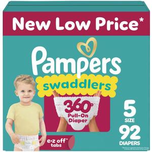 Pampers Diapers - Swaddlers 360 - Size 5, 92 Count, up to 100% Leakproof Comfy Dry Fit, Designed for Easy Changes, Pull On Baby Diaper  