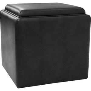 HomePop Home Decor Storage Ottoman with Tray Top|Upholstered Modern Square Storage Ottoman with Storage for Living Room & Bedroom, Black Faux Leather