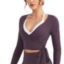 Women Ballet Wrap Top Long Sleeve Shirt Blouses Y2K Workout Gym Active Adjustable Tie Shirt Tops L