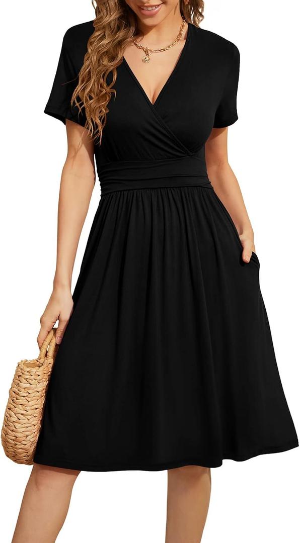 WEACZZY Women's Summer Short Sleeve Casual Dresses V-Neck Floral Party Dress with Pockets, Black 2XL