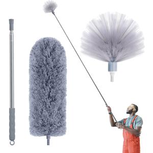 Cobweb Duster with Extension Pole, Spider Web Brush & Ceiling Cleaning Kit, 100" Microfiber Feather Duster Cleaner with Washable Head for Ceiling Fan, Furniture, Home (Set A: Spider Web Brush & Ceiling Duster)