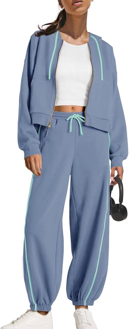 Panadila Womens Sweatsuits 2 Piece Set Zip Up Hoodie and Barrel Sweatpants Piping Sweatshirt Tracksuit Lounge Set (Medium, Dusty Blue)
