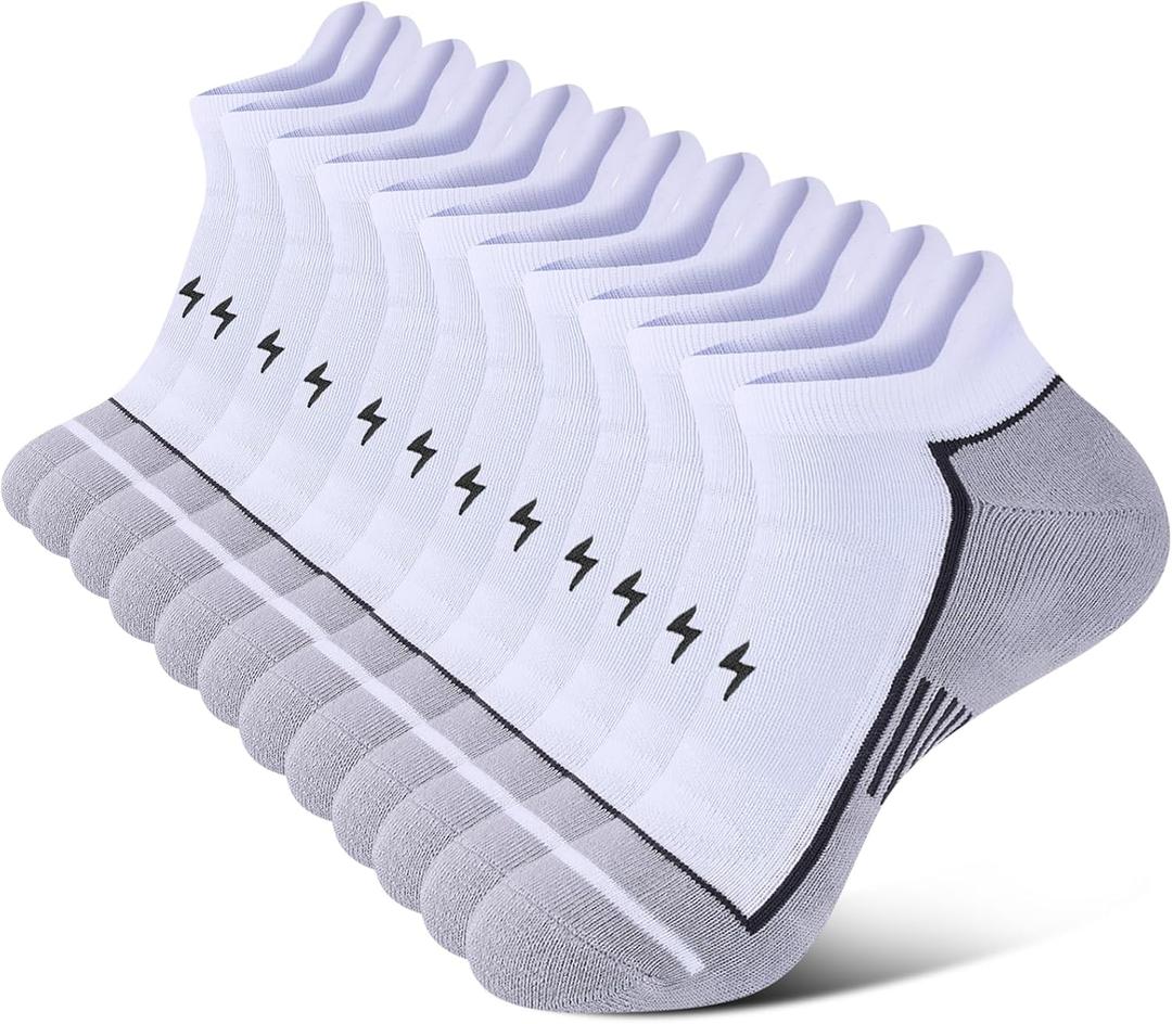 Mens Ankle Running Socks, Athletic Cushioned Low Cut Moisture Wicking Cotton Short Sports Socks, 6 Pairs (9-12, White)