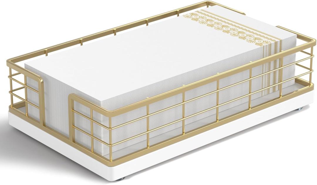 Wican Guest Towel Holder Tray for Bathroom, Oak and Iron Napkins Holder for Powder Room Dinning Table Wooden Basket for Disposable Paper Hand Towels Gold and White (9.06 x 5.51 x 2.56 inchs)