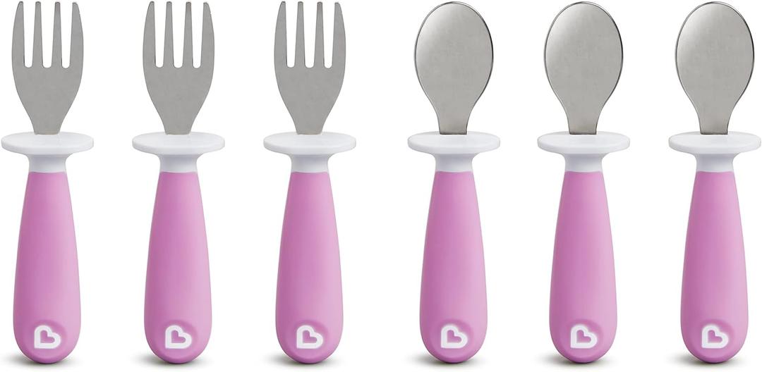 Munchkin Raise Toddler Fork and Spoon Utensil Set, Rest Keeps Tip Off Table, BPA Free, 6 Pack, Purple