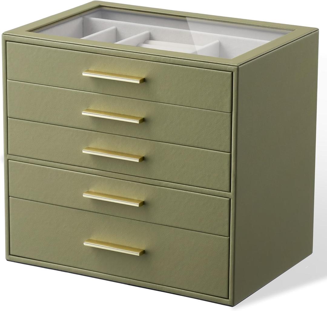 Jewelry Box Organizer Case for Women: 5-Layer Jewelry Storage Case with Glass Window, Olive Green Leather with Cream Velvet, Holder for Ring Necklace Bracelet Brooch Watch, Great Gift for Her
