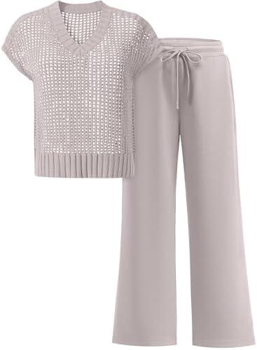 ANRABESS Women 2 Piece Lounge Sets Crochet Knit Sweater Vest Wide Leg Pants Summer Casual Travel Matching Outfits Clothes Large