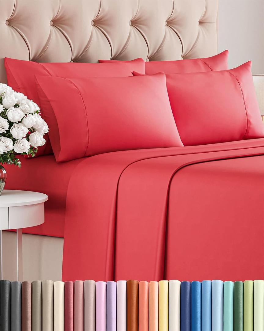 Queen Sheets Set 6 Piece - Bed Sheets Queen Size - Soft Hotel Luxury Bedding - Cooling, Comfy & Breathable - 1 Flat & 1 Fitted & 4 Pillowcases with Deep Pockets - Wrinkle Resistant & Fade Free - Red