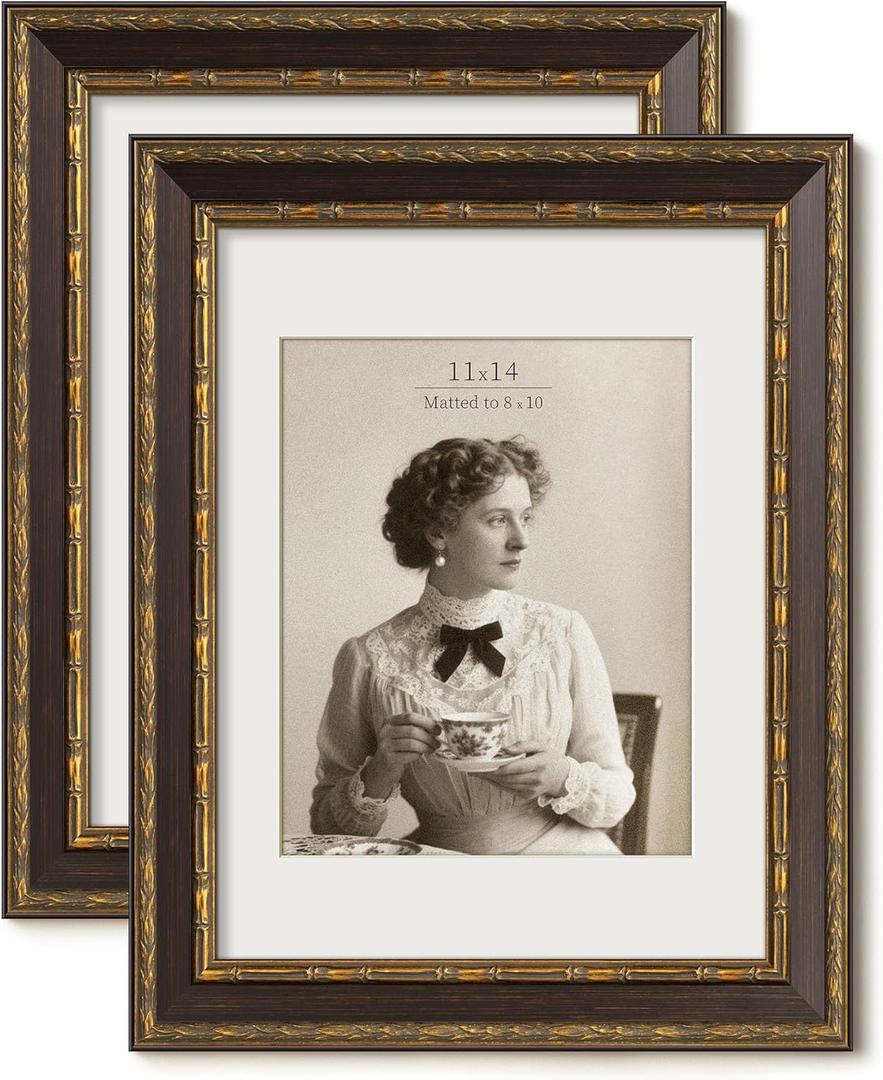 Vintage 11x14 Picture Frame, Ornate Antique Gold 11x14 Frame with Tempered Real Glass, Display 8x10 with Mat or 11 x 14 without Mat for Retro Wall Decor (Brown/Gold, 2 Pack)