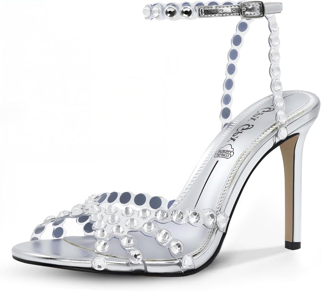 Rhinestone Sandals for Women High Clear Strappy Buckle Stiletto Heels Round Toe Sexy Dressy Sandals Prom Shoes Size 10