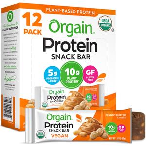 Orgain Organic Vegan Protein Bars, Peanut Butter - 10g Plant Based Protein, Low Calorie Healthy Snacks, No Lactose or Soy Ingredients, Gluten Free, Non-GMO - 1.41 Oz (Pack of 12)