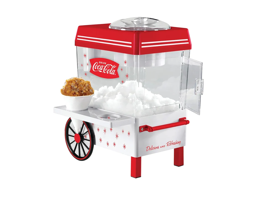 Nostalgia Coca-Cola Snow Cone Shaved Ice Machine - Coke Retro Table-Top Slushie Machine Makes 20 Icy Treats - Includes 2 Reusable Plastic Cups & Ice Scoop - White & Red