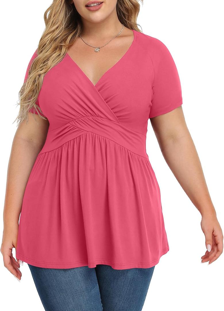 TIANZHU Women's Plus Size Dressy Tops Wrap Shirt Short Sleeve Tunic Top V Neck Low Cut Cute Blouse (X-Large, Red Peach)