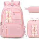 Bevalsa Backpack for Gilrs, Cute School Bags for Kids with Lunch Bag & Pen Case, Bow Bookbag for Girls Children Teens for Elementary Middle High School Student, Back To School Gift (Pink)