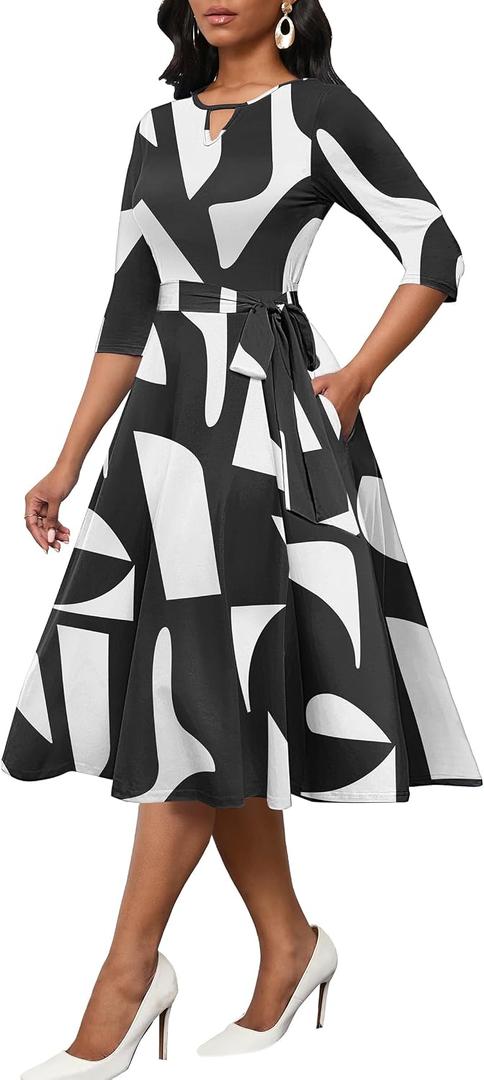 CLOCOR Women's Casual Midi Dresses A Line 3/ 4 Sleeve Crew Neck Tea Party Church Fit and Flare Dress with Pockets Black White XL