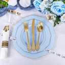 Liacere 350PCS Blue Plastic Plates - Disposable Blue and Gold Plates 50guest Baroque Plastic Dinnerware include 100Plates, 50Pack Pre Rolled Napkins with Silverware 50Cups for Wedding&Mother's Day