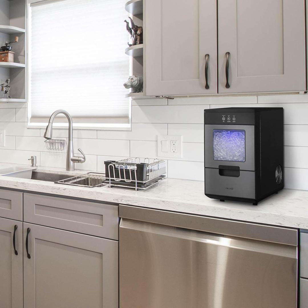 Newair Nugget Ice Maker Countertop - 44lbs/Day, Countertop Sonic Ice Machine, Self-Cleaning & Refillable Water Tank, Pebble Ice Maker, Ideal for Home Office, Kitchen or Bar | Black Stainless Steel