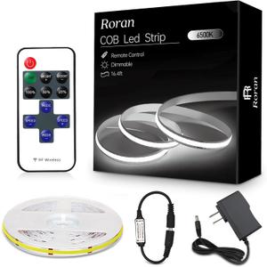 COB LED Strip Light with Remote Control, Dimmable, 6500K, White COB Light Strip, Indoor Led Light Strip for Living Room, Bedroom, Kitchen