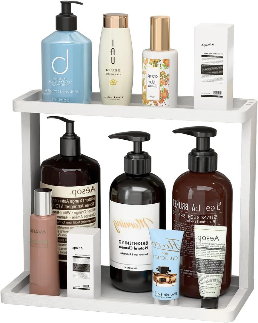 PEKER Bamboo Bathroom Organizer Countertop  Small Vanity Storage Shelf for Makeup, Perfume, Skincare  Natural Cosmetics Display Rack for Dresser, Sink, Kitchen White