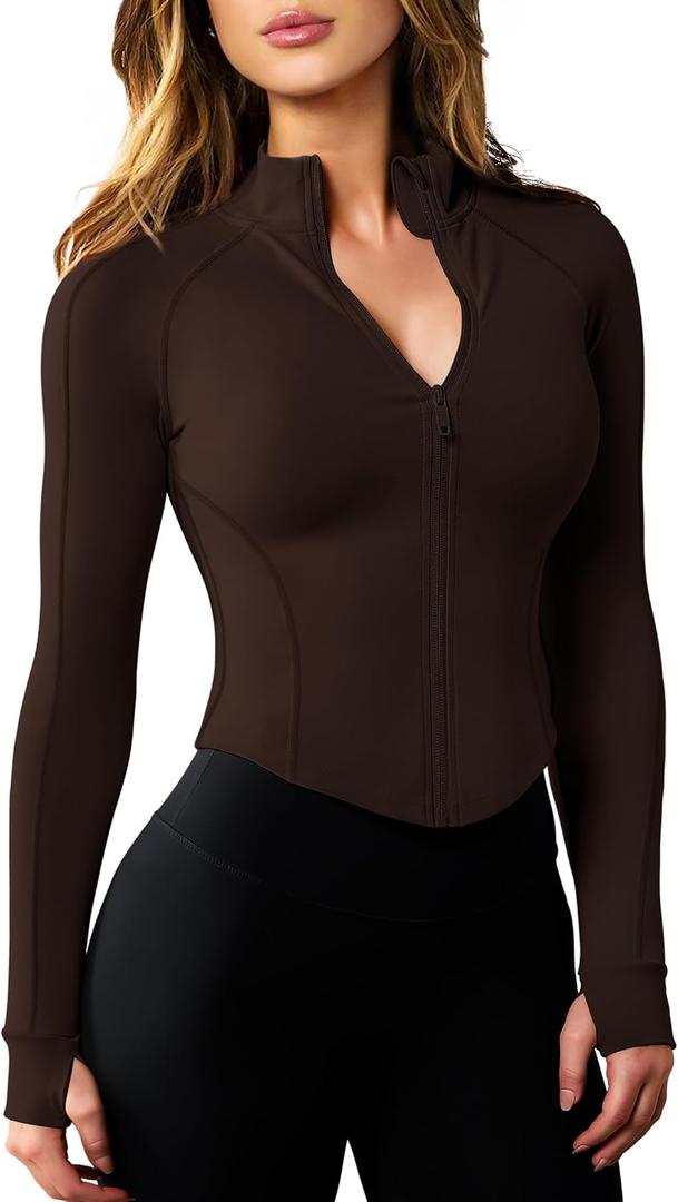 AVGO Women's Workout Jacket Lightweight Zip Up Cropped Yoga Jackets Slim Fit Athletic Tops with Thumb Holes (Black, M)