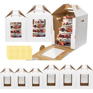 Mcfleet 6 Pack Tall Cake Box for Tier Cake with Window 2 Sizes 10x10x12 & 12x12x14 Inch, Disposable Large Layer Bakery Carrier with Handle - Bakery Safe Transport Box for Wedding, Birthday, Party