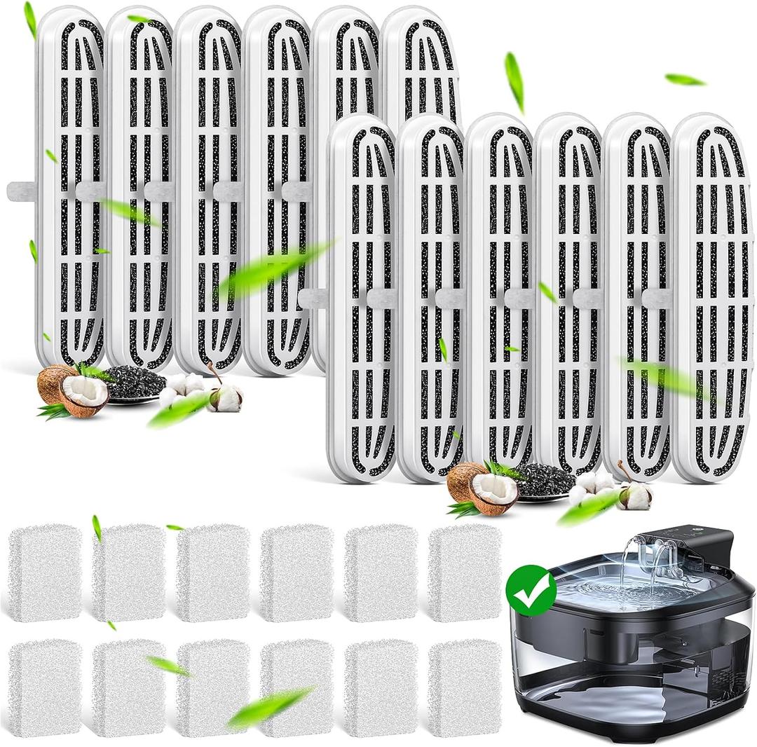 24 Pack (12 Filters & 12 Sponges) Cat Water Fountain Filters Compatible with OPOWO FT999 Cat Water Fountain (3.2L/108oz), Replacement Refills for Stainless Steel Pet Fountain