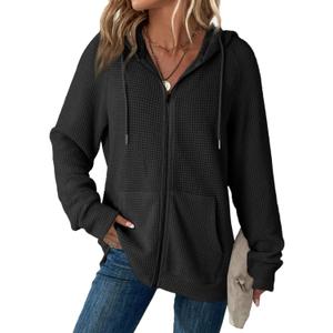 Dokotoo Women's Full Zip Up Hoodies Waffle Knit Long Sleeve Drawstring Casual Sweatshirt Hooded Tops (X-Large, Black)