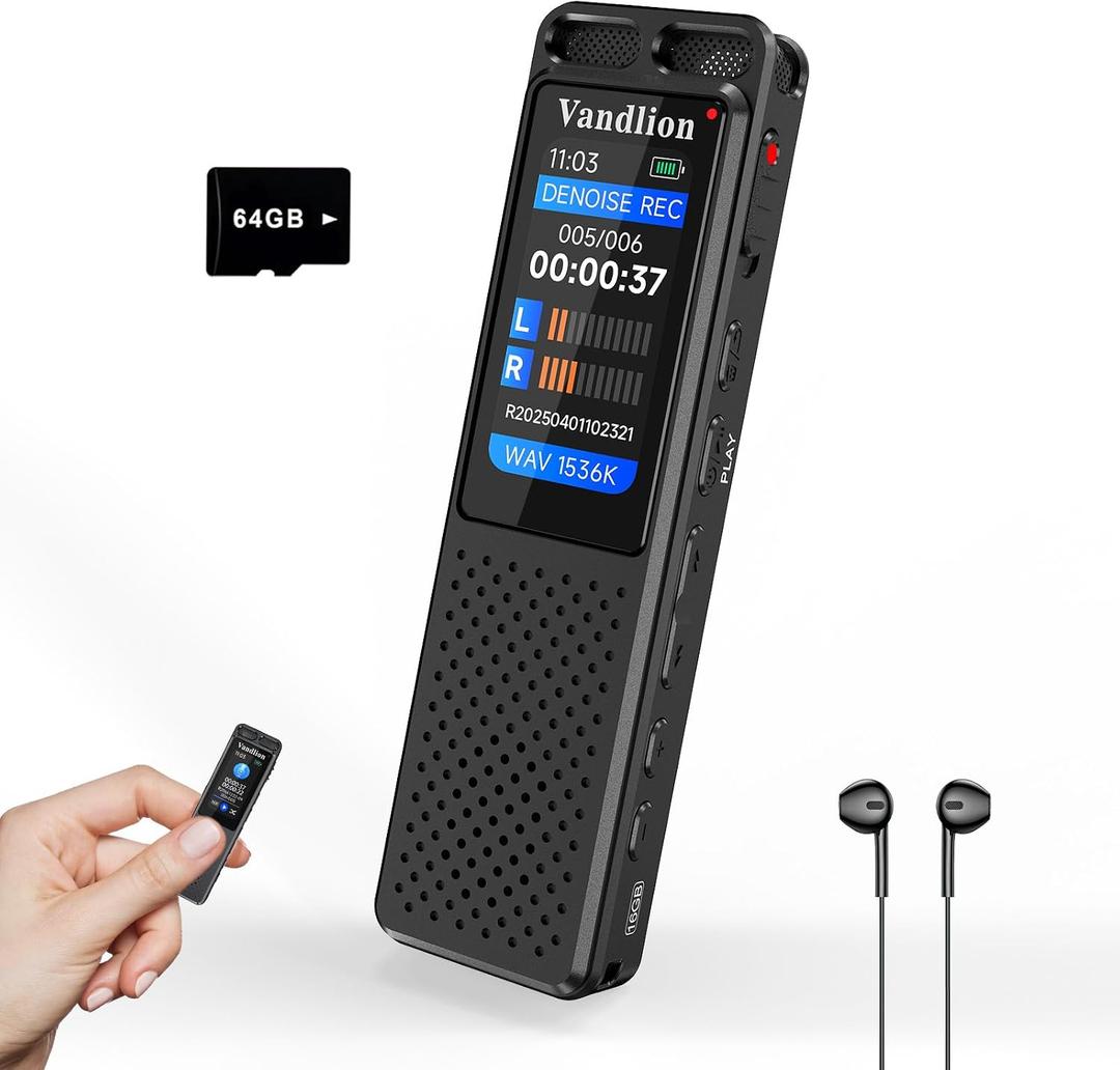 78GB Voice Activated Recorder with Playback, Vandlion 1536KbpsDigital Audio Recording Device (70Hrs Recording Time) with Noise Reduction, Password for Lectures Meetings Interviews Classes
