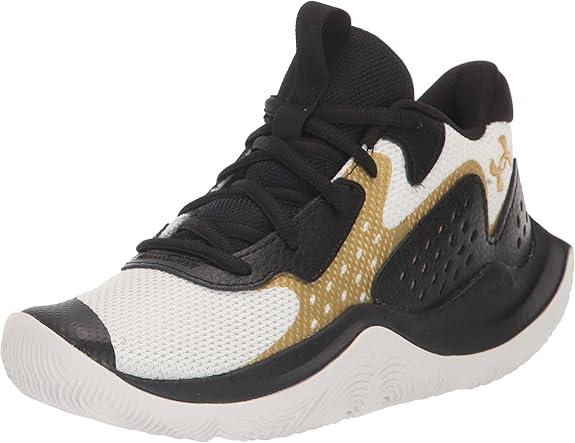 Under Armour Kids' Grade School Jet '23 Basketball Shoe (5 Big Kid, (106) White/Vivid Magenta/Metallic Gold)