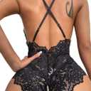 SOLY HUX Women's One Piece Lingerie Sexy Lace Babydoll Deep V Teddy Criss Cross Backless Teddy Mini Bodysuit (Pure Black)