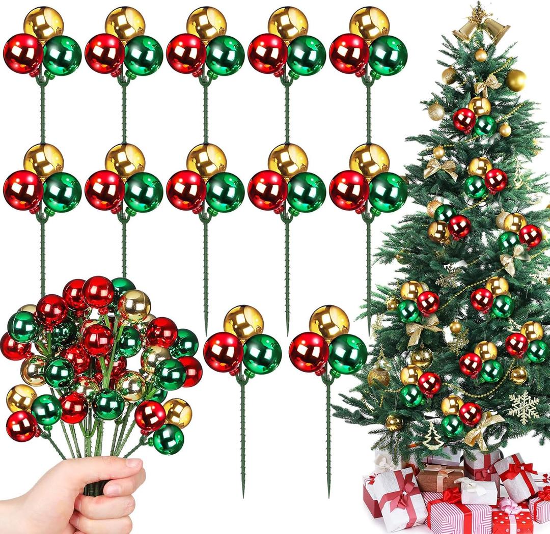 Syhood 12 Set 7.9 Inch Christmas Ball Picks and Sprays Shatterproof Xmas Red Green Gold Ball Ornaments on Wired Picks for Christmas Tree Vase Wreath Stairs Garland Decoration Supplies
