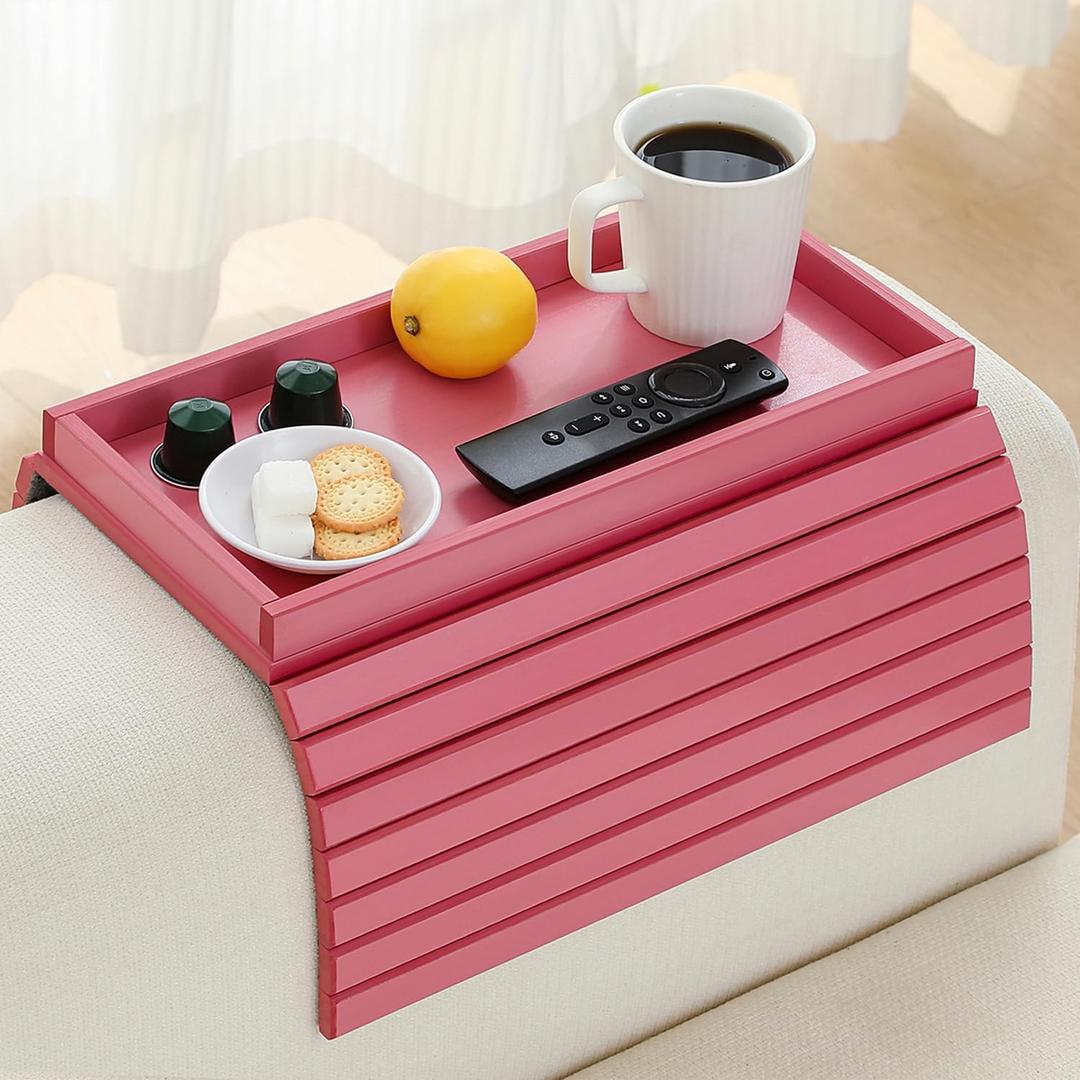 Bamboo Couch Arm Tray TableFoldable Sofa Armrest Tray Table for CouchFlexible and Anti-Slip Couch Arm Cup HolderPortable Sofa Arm Chair Table for Drink,Cups, EatsSnacks, Phone, Remote (Pink)