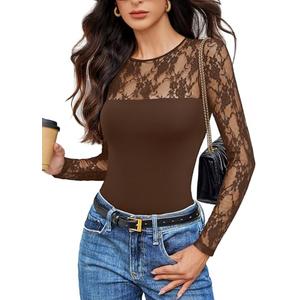 Avidlove Brown Long Sleeve Bodysuit for Women Lace Crew Neck Body Suits Going Out Tops Sheer Western Outfit, Size XL, Brown